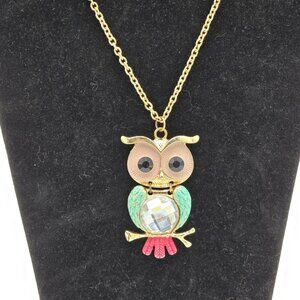 Vintage Charming Charlie Enamel Owl Pendant Necklace Turquoise Gold-Tone Chain